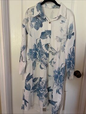 White Tunic Shirt Dress with Blue Floral Print